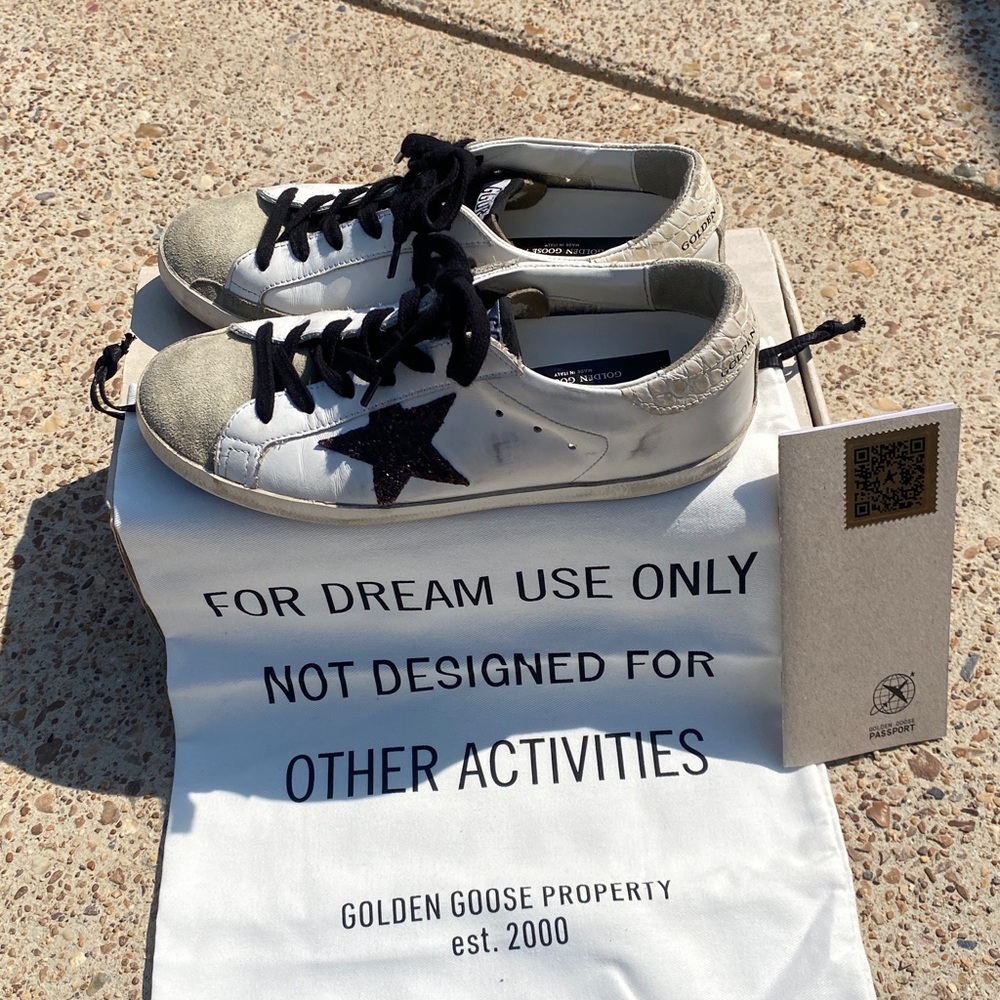 Golden Goose White Sneakers with Black Star and Silver Toe